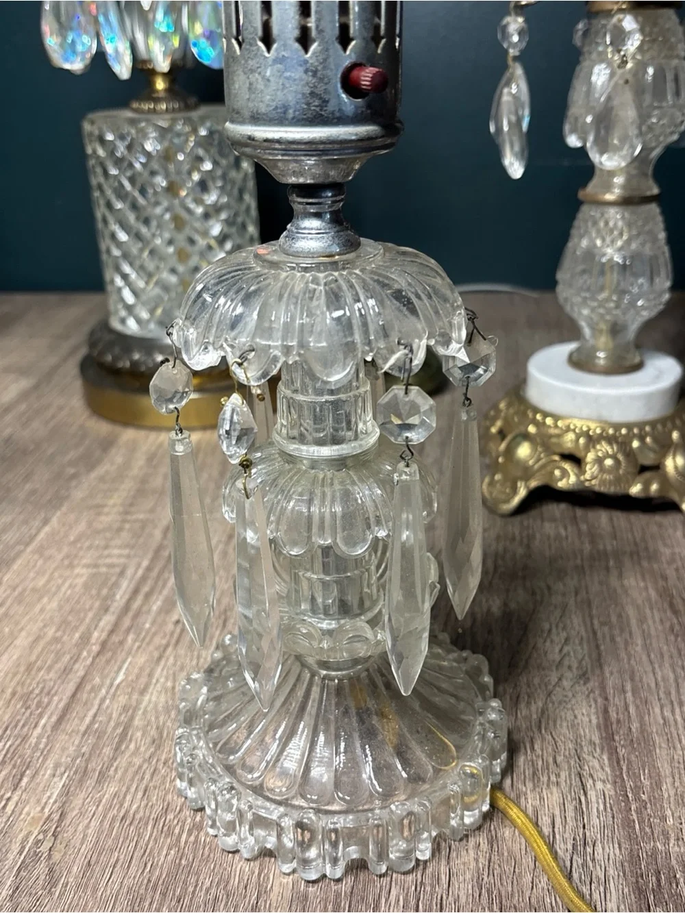 5 MCM HOLLYWOOD REGENCY TABLE LAMPS MARBLE BASE  CRYSTAL PRISMS